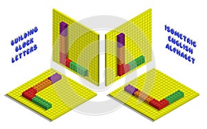 Isometric toy bricks of letter L. Letter from blocks for children poster and games. ABC typography. Realistic 3D vector isolated