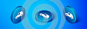Isometric Toy car icon isolated on blue background. Blue circle button. Vector
