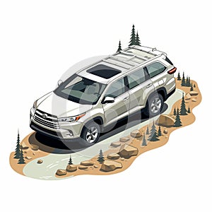 Isometric Toyota Highlander On Mountain Road With Trees