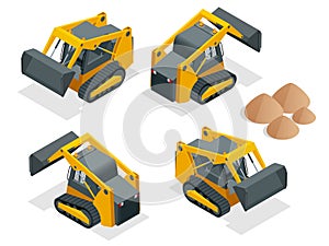 Isometric tracked Compact Excavators. Orange Steer Loader isolated on a white background