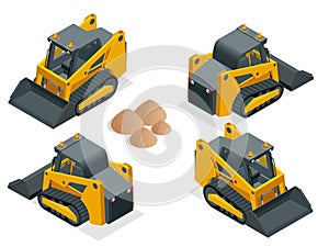 Isometric tracked Compact Excavators. Orange Steer Loader isolated on a white background