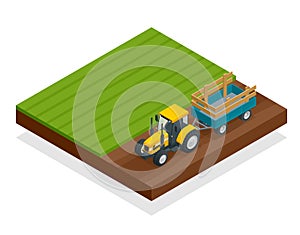 Isometric Tractor works in a field. Agriculture machinery. Plowing in the field. Heavy agricultural machinery for