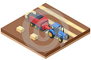 Isometric Tractors Mowing, Raking, Baling Hay. Hay stacks after harvesting grain crops. Tractor with yellow big square