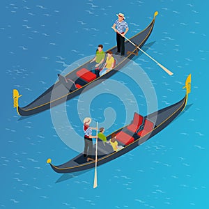 Isometric Traditional Gondola. Gondola with gondolier and tourists in Venice, Italy Travel. Italian man profession