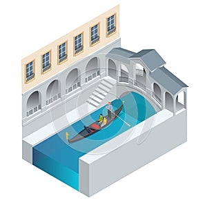 Isometric Traditional Gondola. Gondola with gondolier and tourists in Venice, Italy Travel. Italian man profession