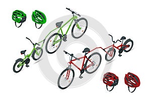 Isometric Trailer cycle or Bicycle attachment. Tandem bike and helmet bicycle rear and front view isolated on white.