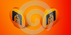 Isometric Train in railway tunnel icon isolated on orange background. Railroad tunnel. Orange circle button. Vector