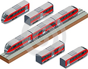 Isometric train tracks and modern high speed train Vector isometric illustration of a Fast-Train. Vehicles designed to