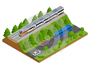 Isometric train tracks and modern train. Railroad icons. Modern high speed red commuter train. Flat 3d isometric vector