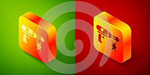 Isometric Transfer liquid gun in biological laborator icon isolated on green and red background. Square button. Vector