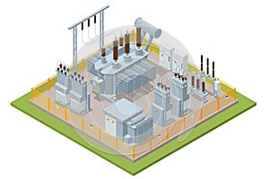 Isometric Transformer . Electric Energy Factory Distribution Chain. Isolated set Icon Energy Substation. High-Voltage