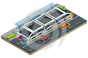 Isometric Transit Elevated Bus in China. Straddling bus, straddle bus, land airbus, or tunnel bus Road vehicle designed