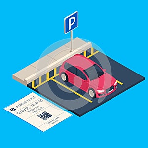 Isometric transport parking. Entrance parking space ticket, city urban car garage vector illustration