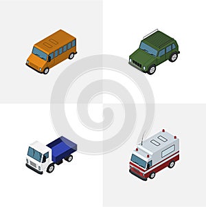 Isometric Transport Set Of Autobus, First-Aid, Lorry And Other Vector Objects. Also Includes Armored, Truck, Suv