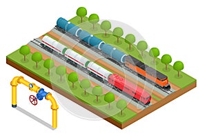 Isometric transport tank car LNG by rail and gas. Oil gas industry. Transportation tank cars with oil.