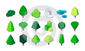 Isometric trees and bushes asset. Botanical shrubs and plants with foliage, nature constructor kit polygonal shape for