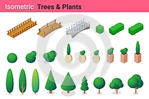 Isometric Trees Bushes and Plants with Bridge flat vector collection