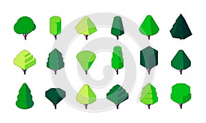 Isometric trees. Green plants of polygonal shapes, botanical deciduous forest and park landscaping, decorative floral