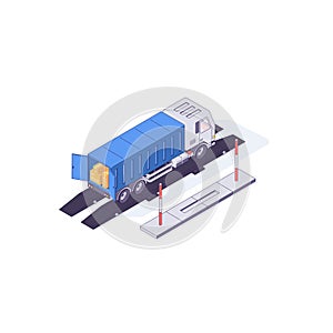 Isometric truck boxes cargo transport cars and scales. Transportation box delivery trucks and car vector illustration