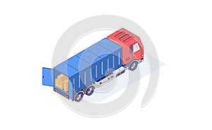 Isometric truck boxes cargo transport cars and vehicle. Transportation box delivery trucks and car vector illustration