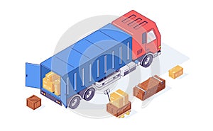 Isometric truck boxes cargo transport cars and vehicle. Transportation box delivery trucks and car vector illustration