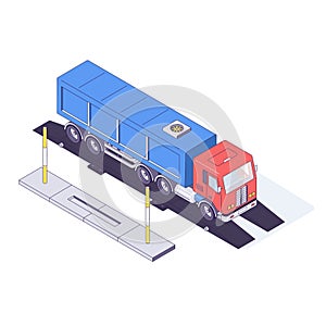 Isometric truck cargo transport auto cars and scales. Transportation delivery trucks logistic car vector illustration