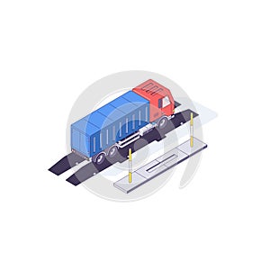 Isometric truck cargo transport auto cars and scales. Transportation delivery trucks shipping car vector illustration