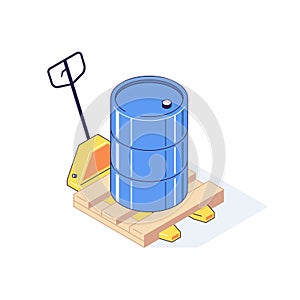 Isometric truck pallet with barrels. 3d pallets cargo goods fuel benzin petrol gas and combustible vector illustration