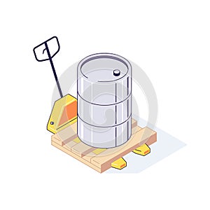 Isometric truck pallet with barrels. 3d pallets cargo goods fuel benzin petrol gas and combustible vector illustration photo