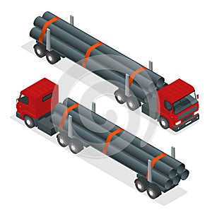 Isometric Truck tractor with flatbed trailer hauling pipe. Vector infographic element.