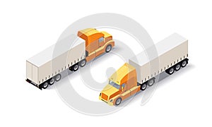 Isometric Truck trailer with goods. Cargo delivering vehicle on white background. Fast shipping tranport. Flat style illustration. photo