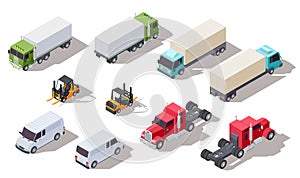 Isometric truck. Transportation trucks with container and van, lorry and loader. Vector 3d vehicles collection