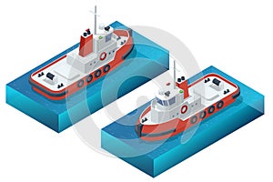 Isometric tugboat. A tugboat or tug is a marine vessel that manoeuvres other vessels by pushing or pulling them, with