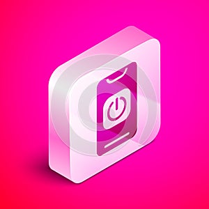 Isometric Turn off robot from phone icon isolated on pink background. Silver square button. Vector