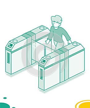 Isometric turnstile. Man passes through the turnstile. Subway station or airport security element. Entrance gates. Access control