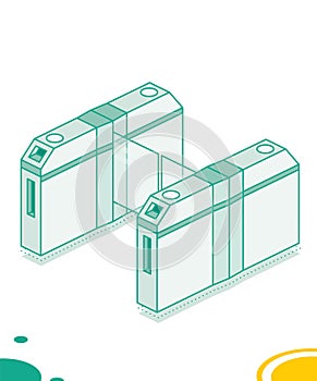 Isometric turnstile. Subway station or airport security element. Entrance gates. Access control equipment. Outline design element