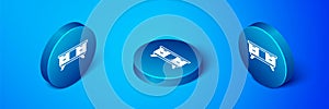 Isometric TV table stand icon isolated on blue background. Blue circle button. Vector