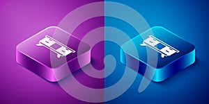 Isometric TV table stand icon isolated on blue and purple background. Square button. Vector