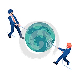 Isometric Two Businessmen competing to Pulling Planet Earth