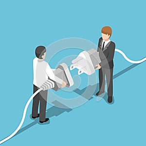 Isometric two businessmen connecting plug together.