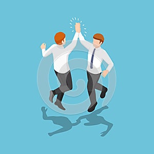 Isometric two businessmen jumping and giving high five in the air