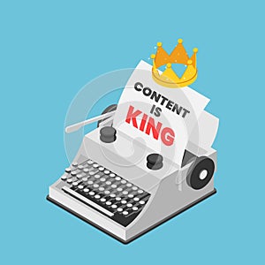 Isometric Typewriter with A Crown and Words CONTENT IS KING on Paper Sheet