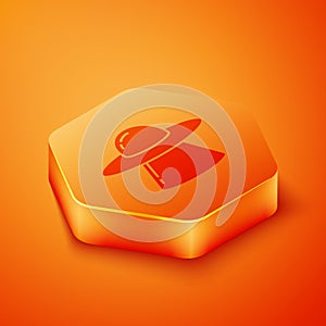 Isometric UFO flying spaceship icon isolated on orange background. Flying saucer. Alien space ship. Futuristic unknown