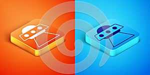 Isometric UFO flying spaceship icon isolated on orange and blue background. Flying saucer. Alien space ship. Futuristic