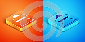 Isometric UFO flying spaceship icon isolated on orange and blue background. Flying saucer. Alien space ship. Futuristic