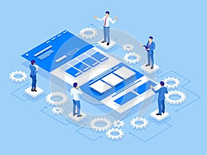 Isometric UI or UX design concept, Application development. Web developing programming and coding technologies