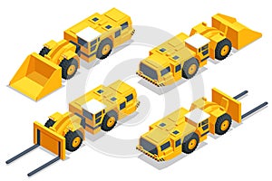 Isometric Underground Mining Trucks. Underground loader, excavator. Equipment for high-mining industry