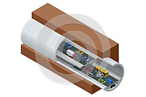 Isometric underground tunnel for vehicular road traffic. Car tunnel under the mountain, Road tunnel.