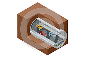 Isometric underground tunnel for vehicular road traffic. Car tunnel under the mountain, Road tunnel.