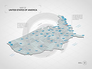 Isometric United States of America map with city names and admin
